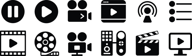 Flat vector illustration, media icons, video symbols, play button, pause icon, camera graphic, film reel, clapperboard icon, video player, streaming design