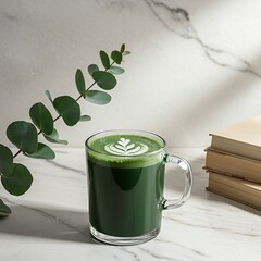  spirulina latte in a glass mug, placed on a light marble surface. A small branch of eucalyptus leaves is positioned in the corner, and a small stack of books adds a touch of lifestyle.