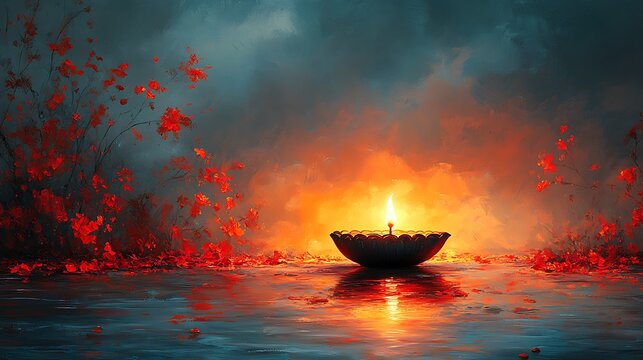 Single lit diya lamp floats on water surrounded by red flowers and dramatic sky oil lamp - Powered by Adobe