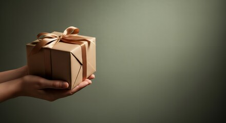 Two hands hold a neatly wrapped brown gift box adorned with a satin ribbon and bow presented against a muted dark green background with subtle lighting Holding Giving Receiving