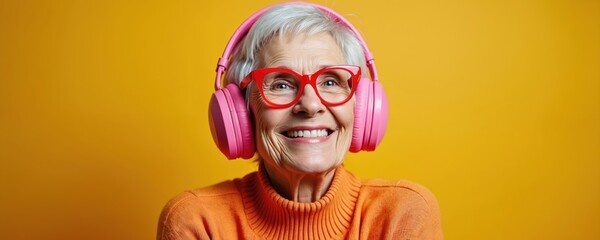 Elderly woman with pink headphones, red glasses smiles brightly against vibrant yellow background. Her orange sweater complements cheerful scene, evoking sense of joy, modern retirement lifestyle.