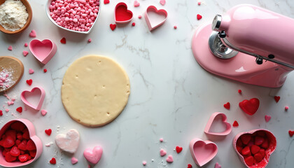 Baking Valentine cookies, hearts theme. Ingredients and tools include dough, heart cutters, pink mixer, bowl of pink candies, flour, and red sprinkles on marble surface.