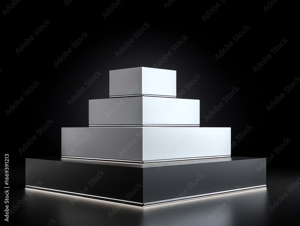 Poster a sleek, modern four-tiered metallic pyramid with illuminated edges stands against a dark background