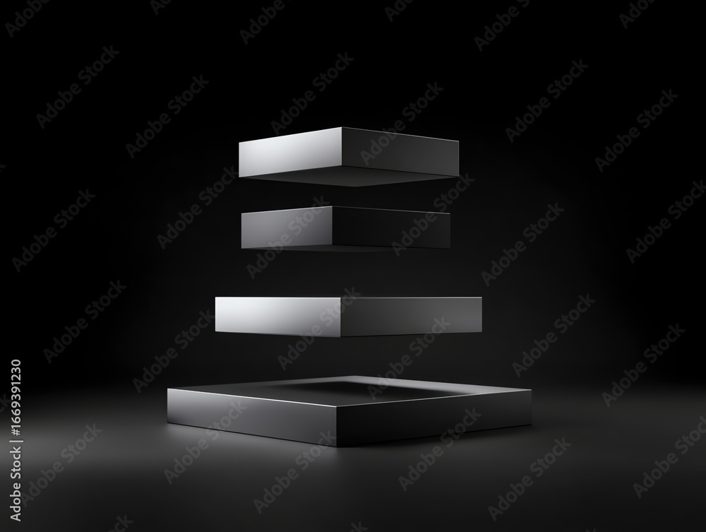 Poster four metallic rectangular blocks are shown floating in a dark space, aligned vertically with soft li
