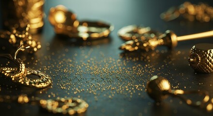 Ornate gold decorative objects and sparkling golden particles scattered across a dark textured surface with soft bokeh lighting creating a luxurious and elegant ambiance luxury