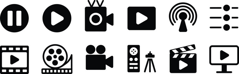 Flat vector illustration, media icons, video symbols, play button, pause icon, camera graphic, film reel, clapperboard icon, audio symbol, streaming design