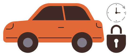 Orange car with clock and padlock representing vehicle safety, time management, and ownership. Ideal for security, time-saving, transport, planning, protection automation and maintenance. Simple