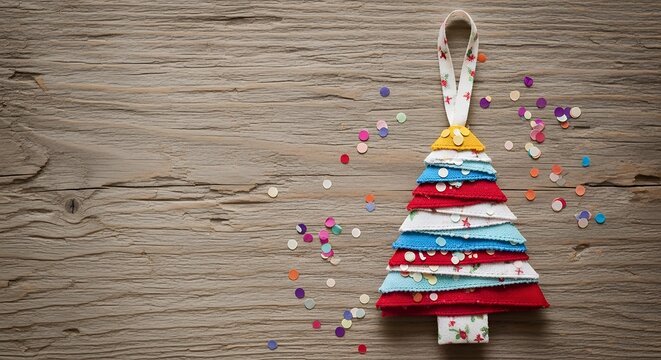 A handmade fabric Christmas tree ornament with colorful stripes rests on a rustic wooden surface scattered with festive confetti Holiday Decoration Craft Winter Seasonal Celebration