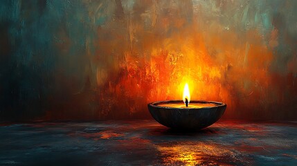 Single lit diya oil lamp on dark textured surface with abstract fiery background candle