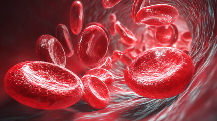 Fototapeta premium Close-up 3D illustration of red blood cells flowing through a blood vessel, highlighting their shape and texture inside the circulatory system