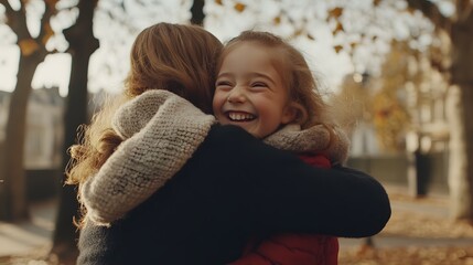 Obraz premium Joyful Autumn Hug Mother Daughter Embrace Warmth Happiness