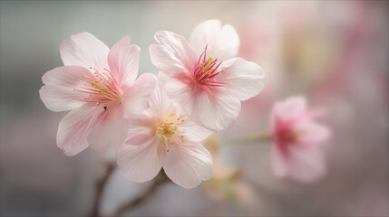 Soft pink cherry blossoms in delicate bloom with subtle blurred background, capturing the gentle beauty and elegance of springtime flowers