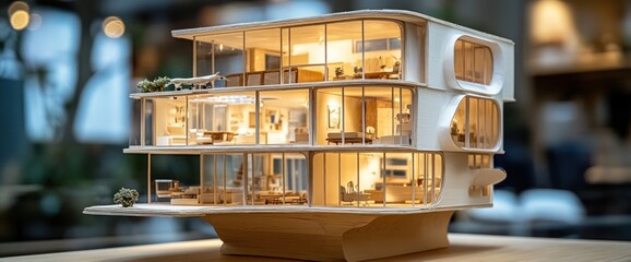 Illuminated architectural model showcasing a multi-level home design with balconies