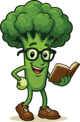 Cartoon Broccoli Character Wearing Glasses and Reading a Book green vegetable