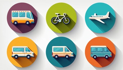 Collection of colorful flat icons featuring various transportation methods. Includes bus, bicycle, airplane, multiple van types. Icon circular with drop shadow on light gray background. Perfect for