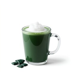 a spirulina latte in a clear mug with a small cloud-like foam on top. The background is completely white, creating a clean, ethereal, and minimalist feel.