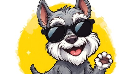 A cartoon-style illustration of a miniature schnauzer, drawn in a playful and vibrant manner, featuring exaggerated yet charming proportions