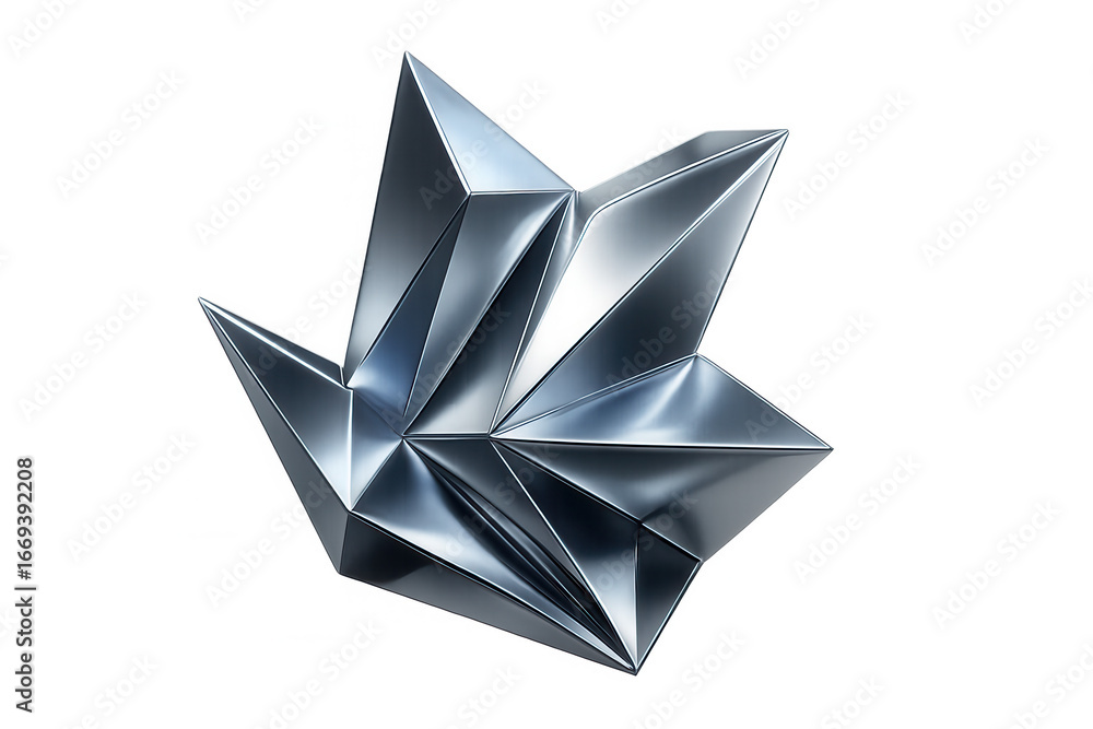 Poster complex metallic structure with triangular facets forming an abstract shape, ideal for futuristic or