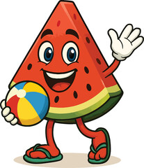 Cartoon Watermelon Slice Character Holding Beach Ball vector illustration