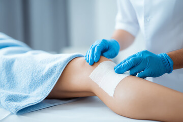 Obraz premium A healthcare professional wearing blue gloves applies a white bandage to a patient's knee, which is partially covered by a light blue towel