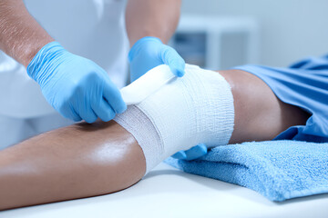 A medical professional wearing blue gloves is applying a white bandage to a patient's knee, indicating injury care or post-surgical wound dressing in a clinical setting