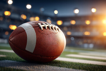 A close-up of an American football resting on a turf field with stadium lights glowing in the blurred background during sunset