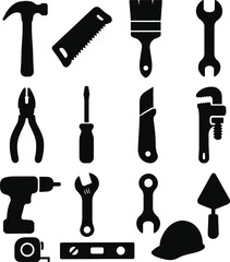 Collection Of Black Silhouette Construction And DIY Tools On White Background hammer
