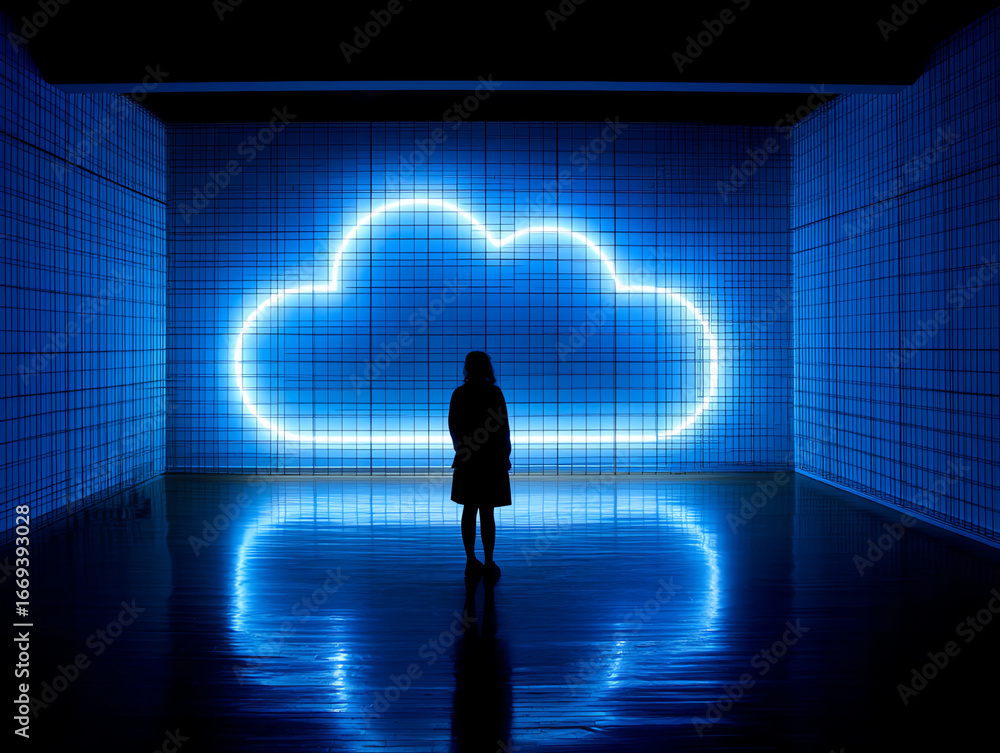 Poster silhouette of a person standing in a dark room facing a large illuminated neon cloud symbol on a gri