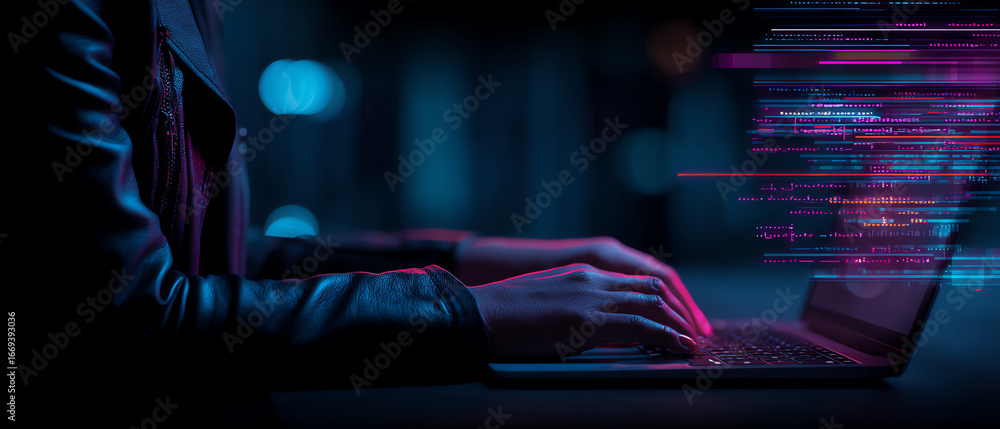 Fototapete person typing on a laptop in a dark environment with digital code and data streams projected above t