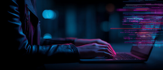 Person typing on a laptop in a dark environment with digital code and data streams projected above the keyboard, symbolizing cybersecurity or programming