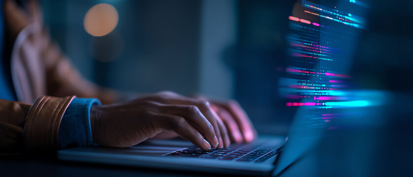 Hands typing on a laptop keyboard with colorful lines of code reflected on the screen, suggesting programming or software development in a dimly lit environment - Powered by Adobe
