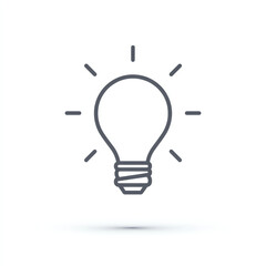 Simple black and white line drawing of a light bulb with rays emanating, symbolizing ideas, innovation, and creativity on a white background