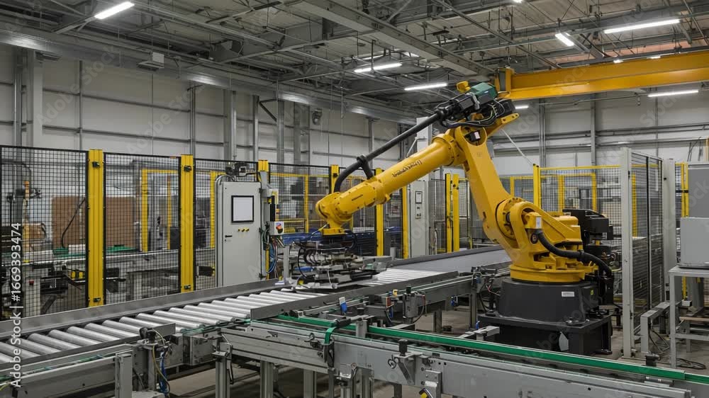 Poster industrial robot arm working on an automated assembly line in a modern manufacturing factory, highli