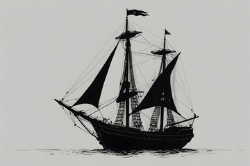 Obraz premium Vintage black sailing ship illustration with detailed rigging and sails, floating gracefully on calm sea waters, AI generated art