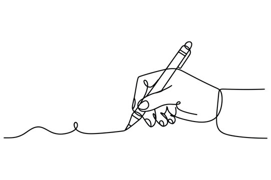 Minimalist single line drawing of a hand holding a pen and writing a wavy line on a white background