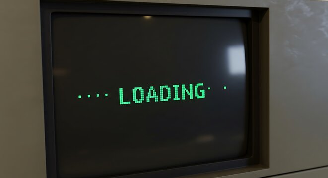 Vintage computer monitor displaying a loading screen with green text, evoking a sense of retro technology and digital progress - Powered by Adobe