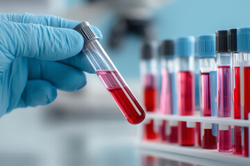 A gloved hand holds a test tube filled with red liquid, with more test tubes in a rack blurred in the background, suggesting laboratory blood testing or analysis