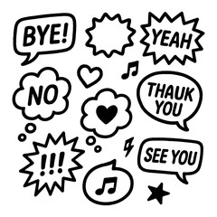 Hand drawn doodle speech bubbles with text phrases and decorative elements, Transparent Background