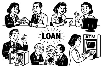Vintage banking and loan scenes with happy clients, money bags, and financial documents in retro comic style, Transparent Background