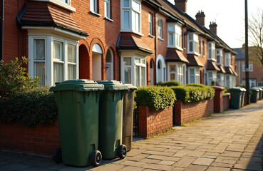 Terraced houses, typical British architecture with brick facades, line sunny suburban street. Green wheelie bins stand on pavement outside Victorian-style residences. Homes feature bay windows,