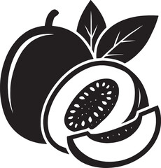Bold black and white illustration of a peach and slices.