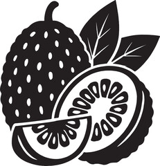 Simple black and white illustration of a kiwi and a speckled fruit.