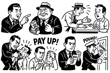 Vintage debt collection scenes with worried people, agents, and overdue payment in retro comic style, Transparent Background