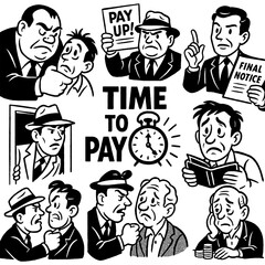Vintage debt collection scenes with worried people, agents, and overdue payment in retro comic style, Transparent Background