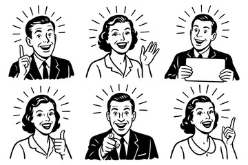 Retro cartoon characters with blank signs and speech bubbles, Transparent Background