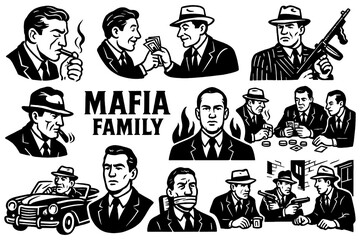 Vintage mafia characters with classic gangsters, cars, and money bag in retro comic style, Transparent Background