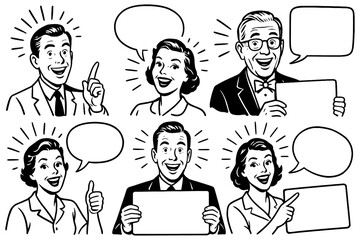 Retro cartoon characters with blank signs and speech bubbles, Transparent Background