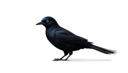 A clean and striking illustration of a black bird with smooth, glossy feathers perched calmly against a pure white background
