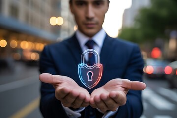 Digital security protection concept. A man in a suit holding an open padlock with a glowing circuit pattern, symbolizing data privacy, cybersecurity, and secure networks for businesses and individuals