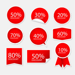Deals and Discounts: A collection of vibrant red stickers boldly advertising discounts, ranging from 10% to 80% off, creating an eye-catching display of savings and promotional offers.